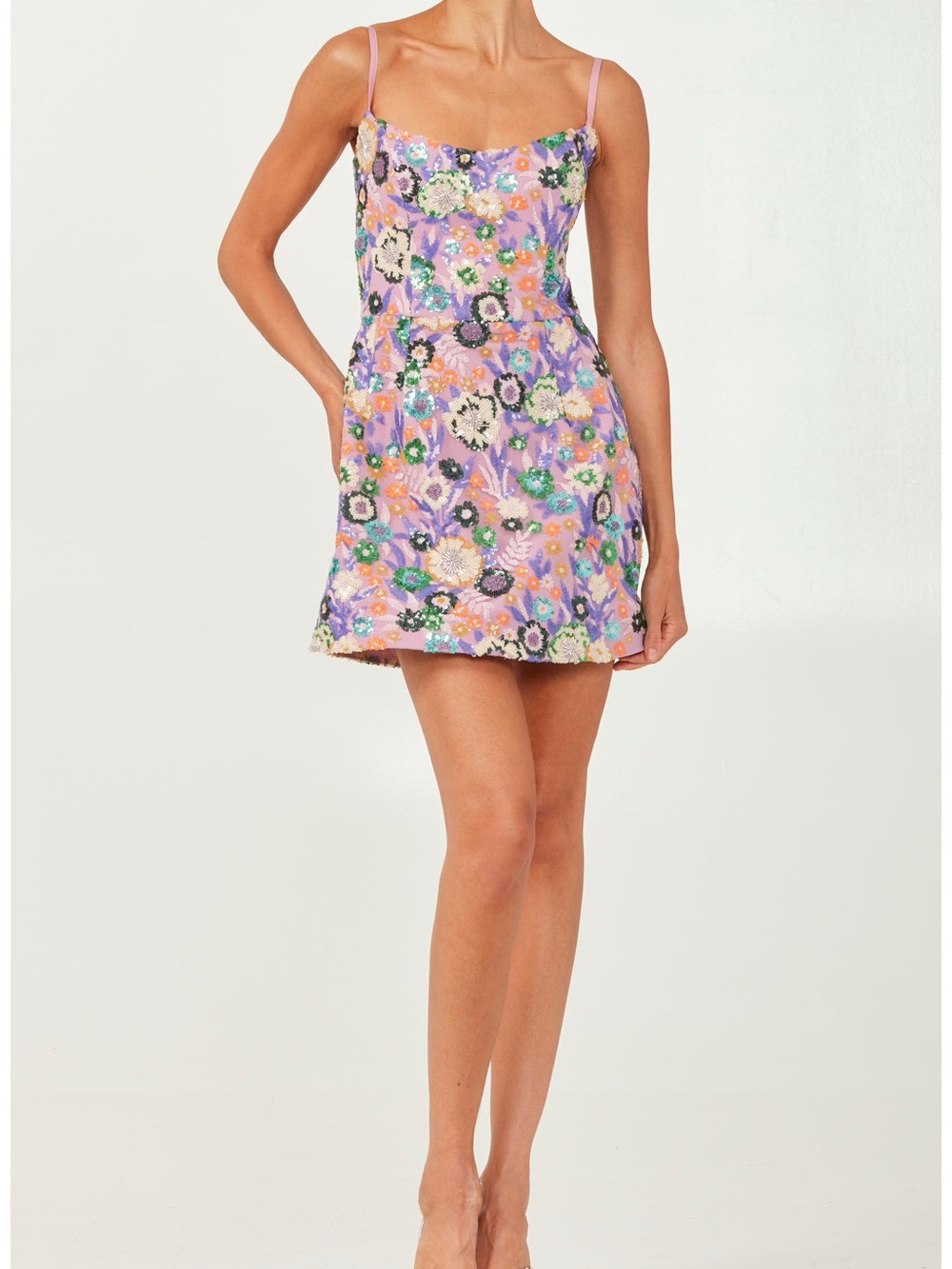 Helsi Cora Embellished Minidress Mini Dress in Lavender Floral Sequin Size XS